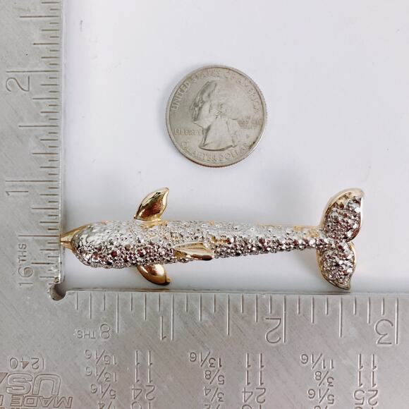 VTG 80s 90s Dolphin Brooch Two Tone Silver Gold Costume Marine Figural Jewelry - Picture 11 of 11